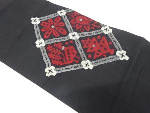 アンティーク　菱に抽象花鳥模様織り出し名古屋帯（着用可）